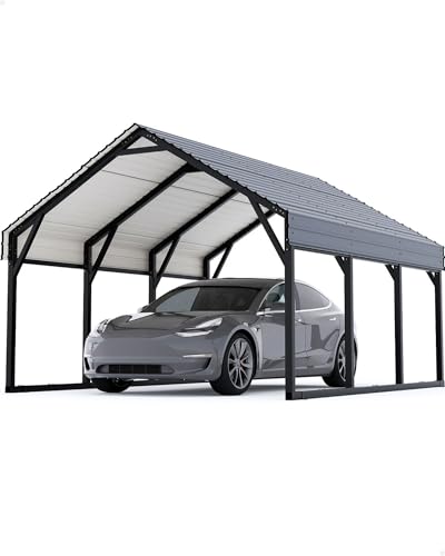 GarveeLife 10x15 ft Metal Carport, Reinforced Frame and Steel Roof for All-Weather Use, Permanent Shelter for Bass Boats, Sedans, and Tractors GarveeLife
