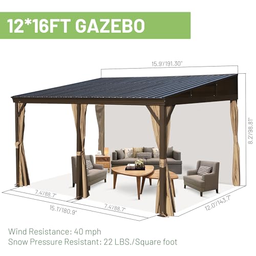 DOMI 12x16FT Lean to Gazebo, Outdoor Hardtop Wall Mounted Gazebo with Sloping Galvanized Steel Roof, Durable Aluminum Frame, Netting Curtain for Deck, Porch, Backyard