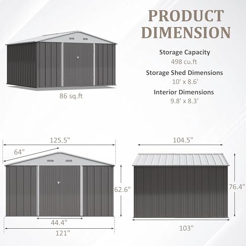 Greesum 10×8FT Outdoor Storage Shed, Metal Patio Storaged Sheds with Lockable Doors, Sheds & Outdoor Storage for Bike, Backyard, Pool and Garden, Gray Greesum