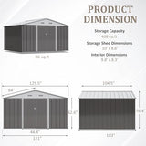 Greesum 10×8FT Outdoor Storage Shed, Metal Patio Storaged Sheds with Lockable Doors, Sheds & Outdoor Storage for Bike, Backyard, Pool and Garden, Gray Greesum