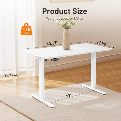 DUMOS Electric Standing Desk 39.4 x 23.6 Inch, Height Adjustable Sit Stand Desk with LED Display, Memory Presets, Hooks & Cable Holes, Ergonomic Workstation for Home Office, White DUMOS