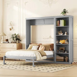 Merax Queen Size Murphy Bed, Wood Queen Wall Bed Frame with Shelves, Queen Murphy Cabinet Bed for Home, Office or Small Room, Gray Merax