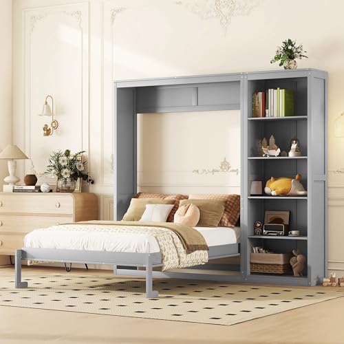 Ball & Cast Murphy Bed Queen Size with Five-Layer Cabinet,Solid Wood Storage Hidden Wall Bedframe,W/Folding Designed,Space-Saving,for Home Office,Study,Guest Room,Gray Ball & Cast