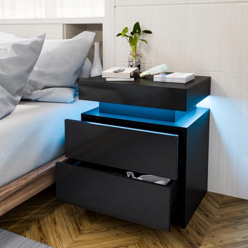 HOMMPA LED Nightstand Modern Black Nightstand with Led Lights Wood Matte Led Bedside Table Night Stand with 2 High Gloss Drawers for Bedroom 20.5" Tall HOMMPA