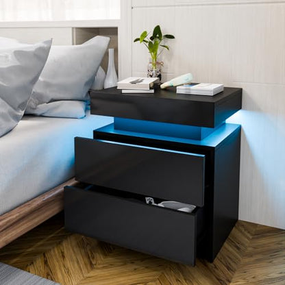 HOMMPA LED Nightstand Modern Black Nightstand with Led Lights Wood Matte Led Bedside Table Night Stand with 2 High Gloss Drawers for Bedroom 20.5" Tall - WoodArtSupply