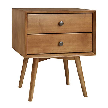 Walker Edison Mid Century Modern Wood Nightstand Side Table Bedroom Storage Drawer Bedside End Table, 2 Drawer, Caramel Walker Edison