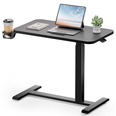 GTPLAYER Small Standing Desk with Hidden Wheels, Pneumatic Mobile Rolling Laptop Desk, Adjustable Height Overbed Bedside Table Computer Workstation for Home Office (32" W x 16" D, Black) GTPLAYER