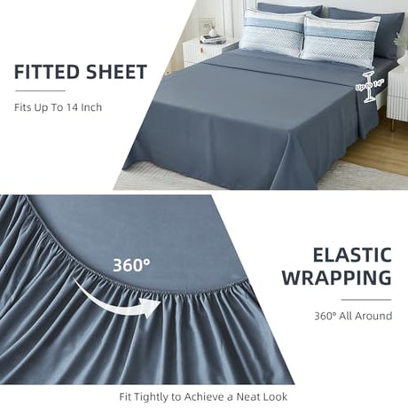 Drucon Comforter Set Queen Size 7 Piece Bed in a Bag Boho Blue Striped Bedding Set Soft Microfiber Comforter and Sheet Set for All Season (Queen, 90"x90") Drucon