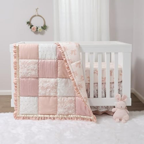 The Peanutshell 3 Piece Baby Crib Bedding Set for Girls - Cotton Fitted Crib Sheet, Layered Dust Ruffle, Comforter, Newborn, Infant & Toddler Vintage Nursery Bed Set Decor, Pink, Gold, Floral - Grace The Peanutshell