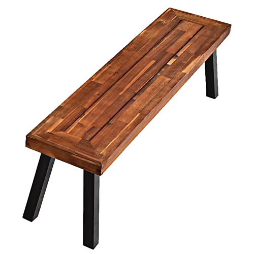 Tangkula Outdoor Acacia Wood Bench, Patio Dining Bench Picnic Bench with Steel Legs, Wooden Bench for Porch Garden Poolside Living Room Balcony, Ideal for Indoor & Outdoor Use (1, Teak)