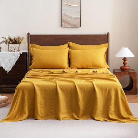 S VICTORY SYMBOL 100% Organic French Linen Bed Sheet Set,Natural Pure Flax with Stone Washed Bedding Set Full Size,Ultra Soft Luxurious 4 Pieces Sheets Set(Yellow,Full) S VICTORY SYMBOL