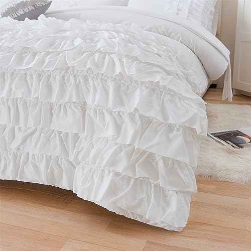 Holawakaka White Waterfall Ruffle Comforter Set Full Size Multi-Layers Ruffled Shabby Chic 3PCS Bedding Set for Girls Women Holawakaka