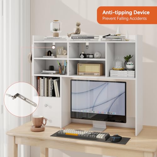 ELECWISH Desktop Bookshelf, Desk Shelf with 2 Drawers for Computer Desk, 36.22" 7-Tier Adjustable Desktop Hutch Organizer with Pegboard for Home Office, White ELECWISH