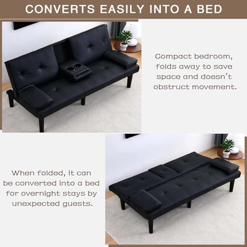 ODOLAR 67" Futon Sofa Bed,Convertible Sofa Bed with 2 Cup Holders,Sleeper Couch PVC Leather Removable Soft Armrest Small Couch for Living Room Apartments ﻿ (Black) ODOLAR