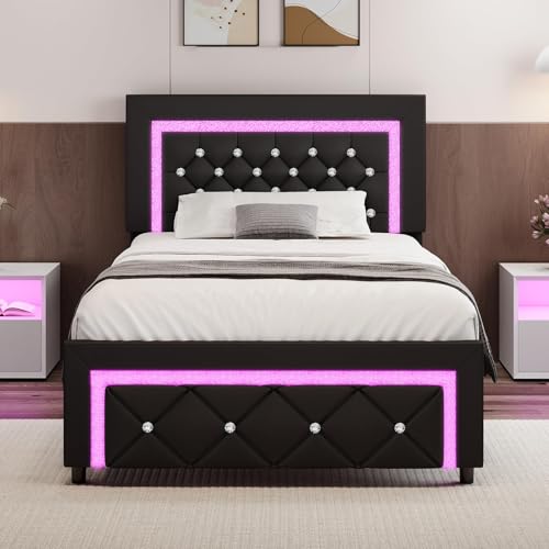 BarnFurin Twin Bed Frame with LED Lights, Upholstered Platform Bed with Diamond Tufted Headboard, No Box Spring Needed, Noise Free, Easy Assembly, Black BarnFurin