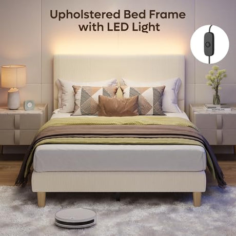 Bestier Full Bed Frame with Adjustable Headboard, LED Lighting, Vertical Channel Tufted Corduroy Upholstered, Solid Wooden Slats Support, No Box Spring Needed, Never Squeaks, Easy Assembly, Beige Bestier