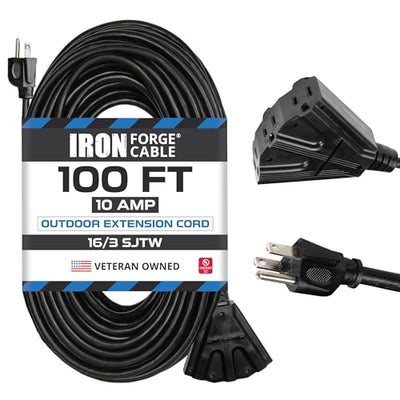 Iron Forge Cable 3 Outlet Outdoor Extension Cord 100 ft, SJTW Weatherproof 16 Gauge Black Extension Cord with Multiple Outlets 3 Prong, Long Exterior Power Cable for Outdoor Lights, Lawn & Landscaping