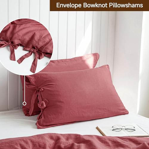 Simple&Opulence 100% French Linen Duvet Cover Set, 3 Pieces Belgian Flax Breathable Bedding, King Size 104''x92'' (1 Comforter Cover+2 Pillowshams) with Tie Closure Style, Red Simple&Opulence