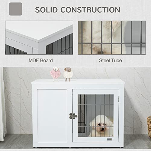 PawHut Dog Crate Furniture Wire Indoor Pet Kennel Cage, End Table with Double Doors, Locks for Small and Medium Dog House, White - WoodArtSupply