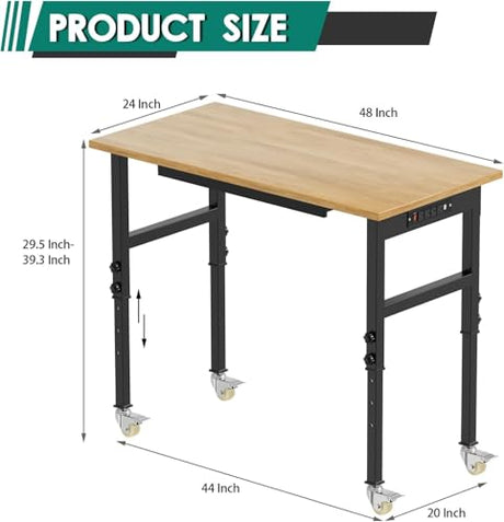 Adjustable Heavy Duty Workbench with Drawers,Rubber Wood Top Working Table, 2500 LBS Load Capacity DUSACOM