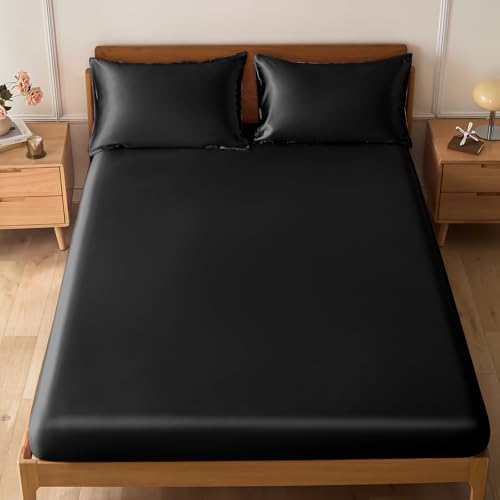 VACVELT 3-Piece Satin Fitted Sheet Set King Size, Black Bottom Bed Sheet with 2 Pillowcases, Similar to Silk Sheets, Luxury & Silky Bedding Set, 15 Inch Deep Pocket VACVELT