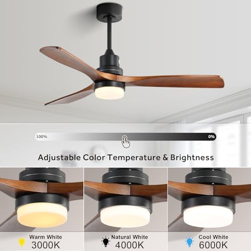 Sofucor 52 Inch Ceiling Fan with Lights Remote Control, Noiseless |Dimmable |6-Speed Outdoor Ceiling Fan with Light, Walnut 3 Blade Wood Ceiling Fan with Timer, Reversible DC Motor for Patio Bedroom