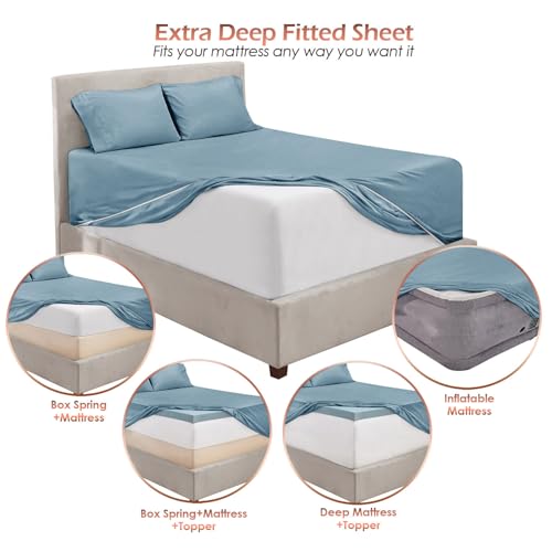 Hearth & Harbor Extra Deep Pocket Sheet Sets, Luxury Soft 6 Piece Bed Sheet Set Fits Mattress 18-24 Inches - Queen, Stone Blue Hearth & Harbor