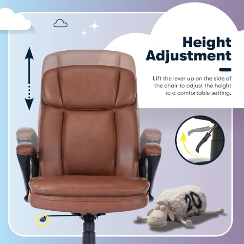 Serta Fairbanks Big & Tall Executive Office Chair, Ergonomic Comfy High-Back ComputerChairs with Lumbar Support, Semi-Plush Seat Cushion, Padded Armrests, Nylon Swivel Base, Bonded Leather, Cognac Serta