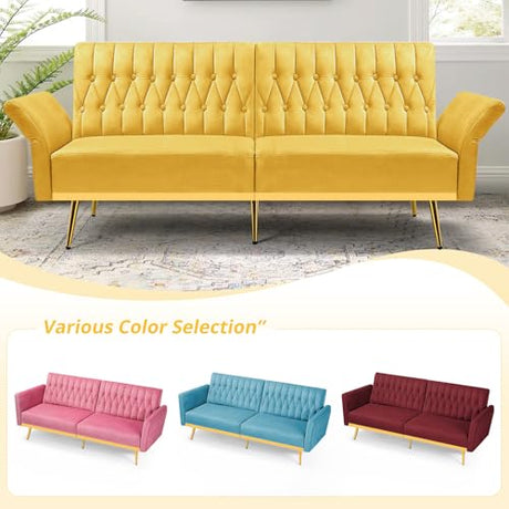 ACMEASE 70” Velvet Futon Sofa Bed w/Adjustable Armrests & 2 Pillows, Convertible Futon Couch w/Adjustable Backrests, Modern Sleeper Bed for Living Room, Bedroom, Yellow ACMEASE