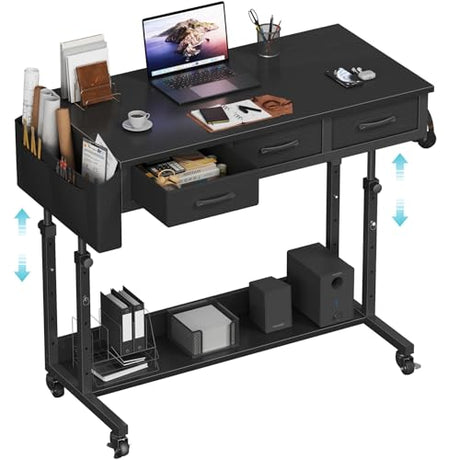 Rolling Standing Desk Adjustable Height with Drawers, 40 Inch Mobile Stand Up Portable Teacher Desks on Wheels for Classroom, Couch Sofa Side Laptop Table with Storage for Bedroom Home Office, Black WINAZ