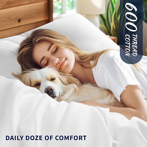 Shilucheng 100% Cotton Sheets Set - 600 Thread Count, Extra Deep Pocket Sheets Fits 18"-24" Thick Mattress, Breathable & Cooling, Luxury Egyptian Cotton Bed Sheets 4 Piece (Queen,White) Shilucheng