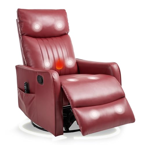 cinkehome Heated Massage Swivel Rocker Recliner Chair for Nursery - Small Space Reclining Chair with Lumbar Support, 360° Swivel & Gentle Rocking, Ergonomic High Back Faux Leather Red