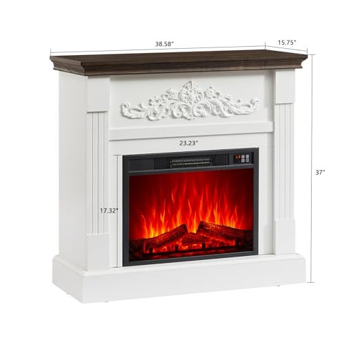 SOOWERY Electric Fireplace with Mantel, Fireplace TV Stand with Replaceable Fireplace Insert, Farmhouse Entertainment Center with Fireplace Heater for Living Room, White & Brown SOOWERY