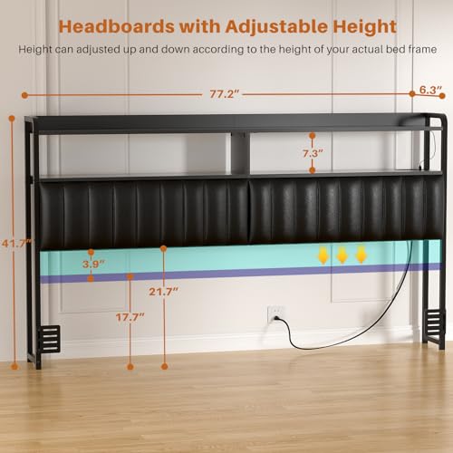 Aheaplus King Size Upholstered Headboard with USB Ports, Outlets, LED Lights, and Storage - Black Leather, Height Adjustable - WoodArtSupply