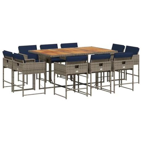 vidaXL 11-Piece Patio Dining Set - Gray Poly Rattan, Navy Cushions, Foldable Chairs, Acacia Wood Table for Garden, Backyard, Outdoor vidaXL