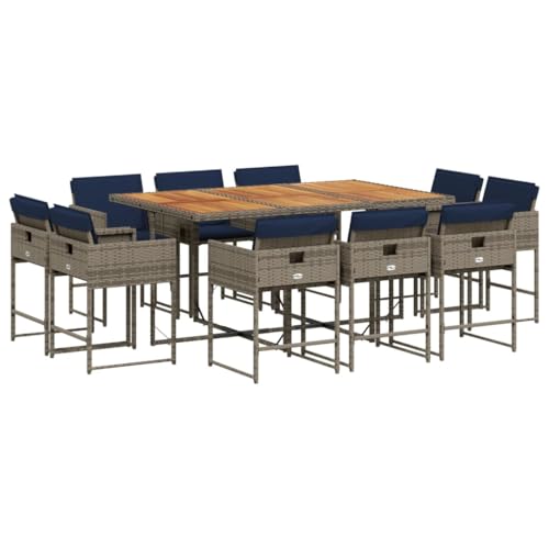 vidaXL 11-Piece Patio Dining Set - Gray Poly Rattan, Navy Cushions, Foldable Chairs, Acacia Wood Table for Garden, Backyard, Outdoor vidaXL