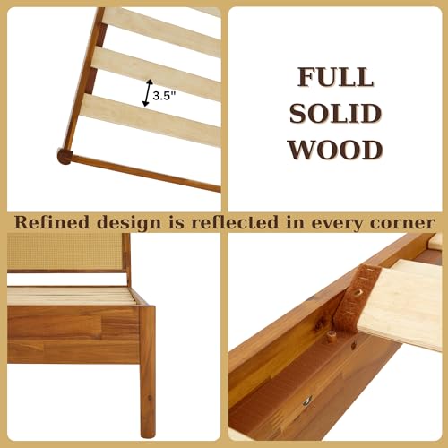 Bme Aurelia King Solid Wood Bed Frame with Rattan Headboard – Bohemian & Mid Century Modern Luxury Bme