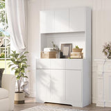 71'' Pantry Cabinet with LED Light & Charging Station, Tall Freestanding Kitchen Storage Cabinet with Microwave Stand, Modern Hutch with Drawers & Open Countertop for Dining Room, Living Room, White NUNU LAB