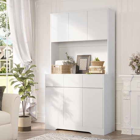 71'' Pantry Cabinet with LED Light & Charging Station, Tall Freestanding Kitchen Storage Cabinet with Microwave Stand, Modern Hutch with Drawers & Open Countertop for Dining Room, Living Room, White NUNU LAB