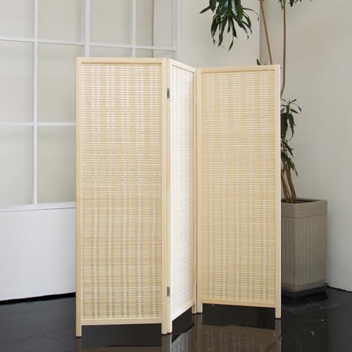 Loomveil 3 Panel Short Room Divider Folding Screen,47 inch Bamboo Panel Divider for Home Partition,Beige Loomveil