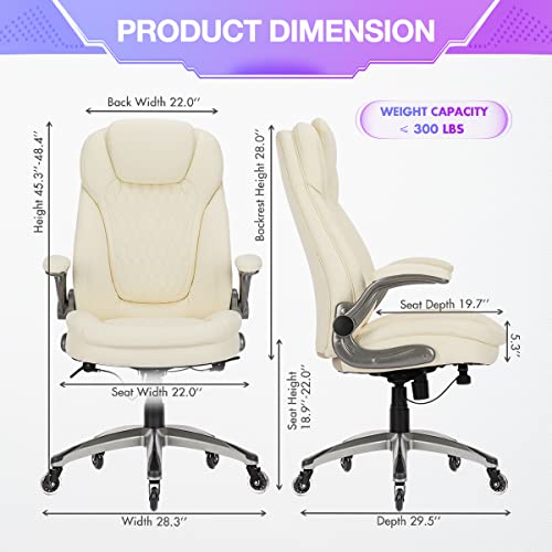 COLAMY Ergonomic High Back Office Chair, Ivory Bonded Leather Executive Desk Chair with Flip-up Arms, Thick Cushion, Silent Nylon Wheels, Adjustable Height & Rocking Function, 300lbs Capacity COLAMY