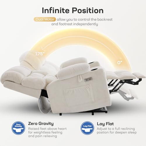 Tami Tami Dual Motor Power Lift Chair Recliner for Elderly with Massage and Heat, Infinite Position Electric Lift Recliner with Adjustable Headrest, USB (T6015 - Plush Fabric, Cream White, Medium)