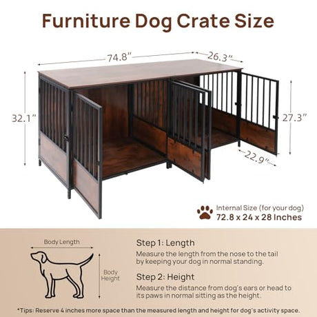 75" Wooden Dog Crate Furniture – Chew-Resistant Kennel for Medium/Large Breeds,3-Door Indoor Kennel with 3.1" Raised Feet, Multi-Functional TV Stand & End Table (Brown, 75 * 26.3 * 32.1 inch) walnest