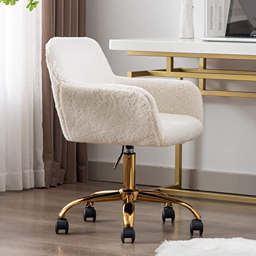 KCC Faux Fur Office Desk Chair, Comfy Swivel Armchair with Wheels, Upholstered Fuzzy Vanity Chair, Adjustable Height, White KCC