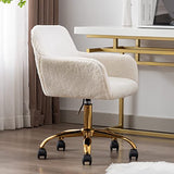 KCC Faux Fur Office Desk Chair, Comfy Swivel Armchair with Wheels, Upholstered Fuzzy Vanity Chair, Adjustable Height, White KCC