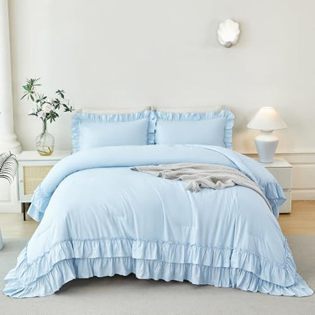 ANGIYUIN 5Pcs Queen Ruffle Comforter Sets Light Blue Double-Layer Ruffled Bedding Sets Vintage Farmhouse Bed Sets Solid Elegance Ruched Bed in A Bag for Women(Light Blue Queen) ANGIYUIN