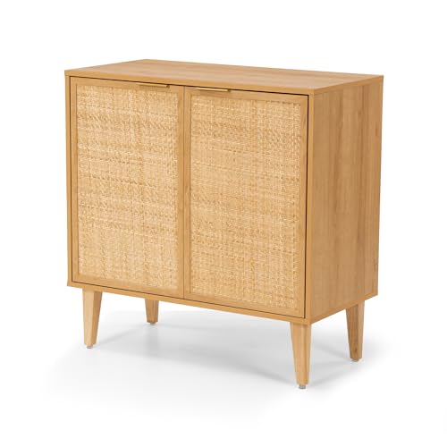 EYYTHUNG Accent Storage Cabinet Set of 2 Sideboard with Rattan Doors, Boho Buffet Kitchen Bar Cabinet Farmhouse Credenza Cabinet with Adjustable Shelves for Living Room (Natural Oak) - WoodArtSupply