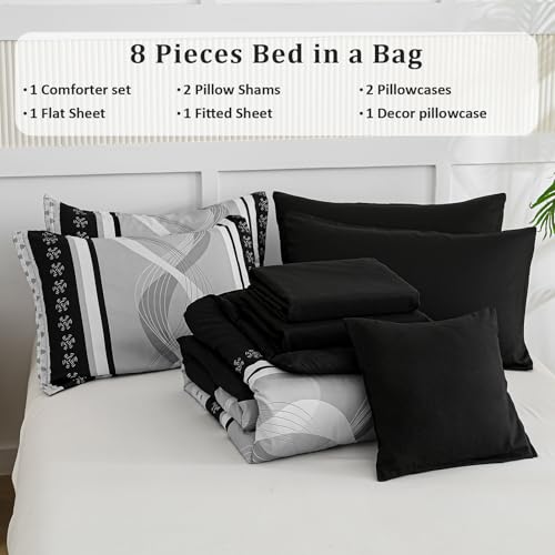 Anibedding Black Comforter Set Queen Size,8 Pieces Boho Bed in a Bag Patchwork Striped Comforter Set, Soft Microfiber Bedding Set for All Season(90"×90") Anibedding