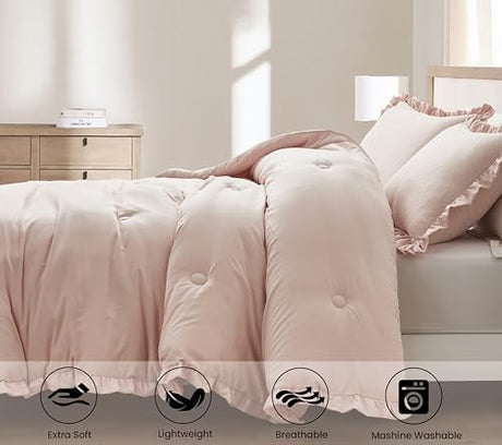 Chezmoi Collection Nora Blush Comforter Set Twin Size 2-Piece Lightweight Soft Stone-Washed Ruffled Shabby Chic Bedding for All Season Chezmoi Collection