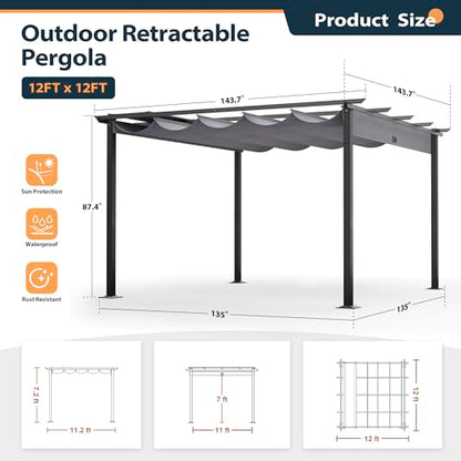 HAPPATIO 12' X 12' Pergola Retractable Pergola Canopy for Backyards, Gardens, Patios, Outdoor Pergola with Sun Shade Canopy, Includes Ground Studs and Expansion Screws (Grey) - WoodArtSupply